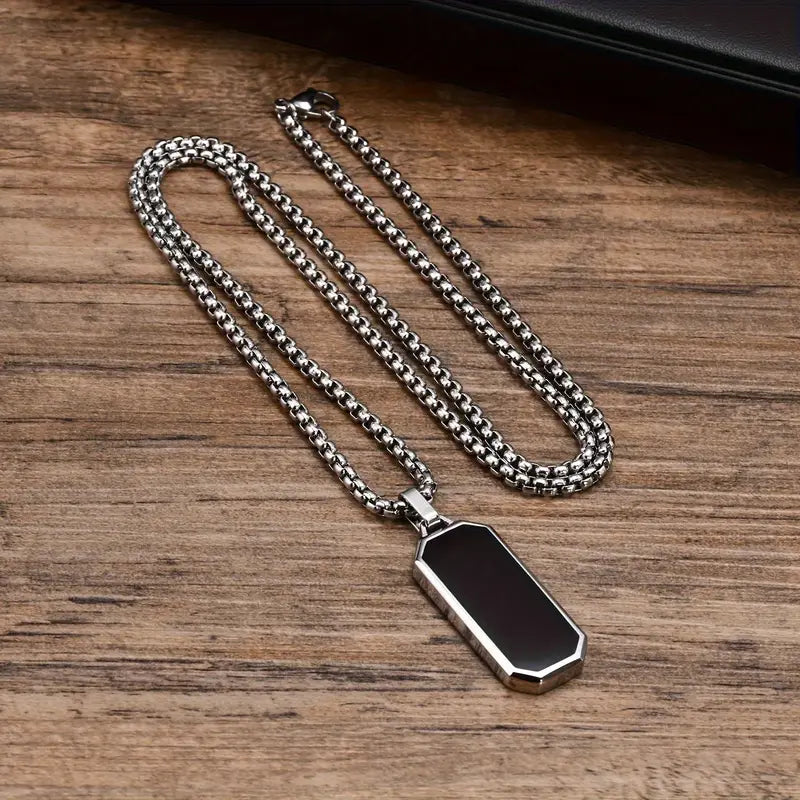 Elegant Men's Stainless Steel Necklace with Sleek Black Pendant - Geometric Design, Non-Magnetic